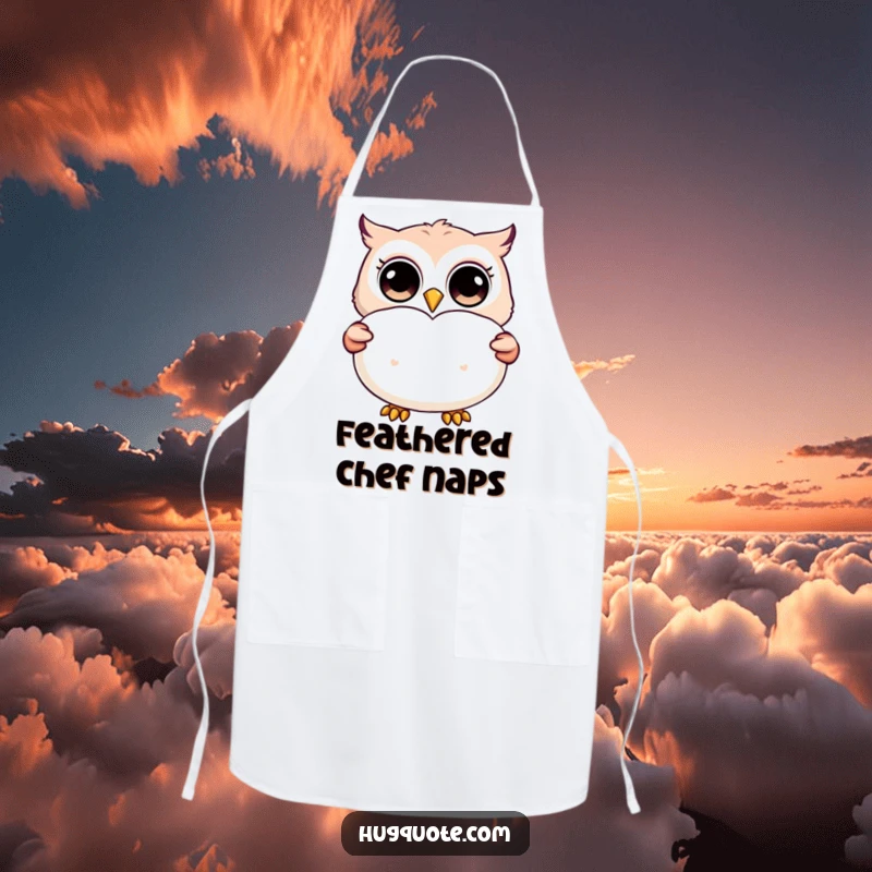 Funny apron featuring a happy owl character with wide eyes, presenting a big, fluffy pillow with a heart emblem.