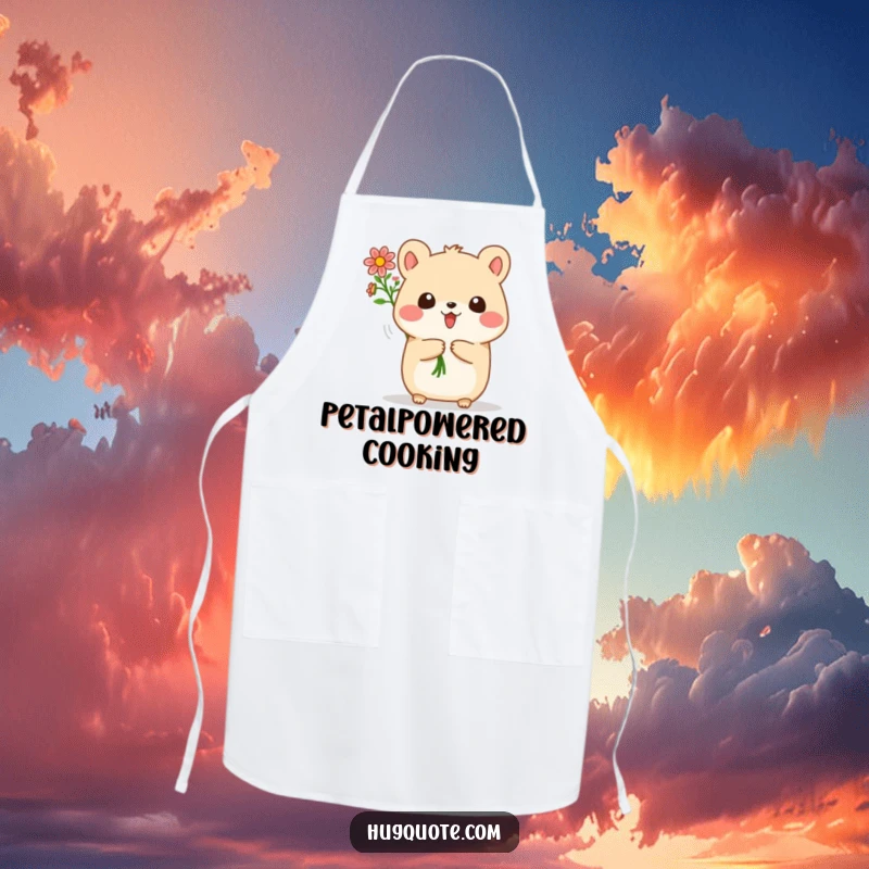 Funny apron featuring a small, round animal character joyfully offering a lovely bouquet of tiny flowers, perfect for a happy cook.