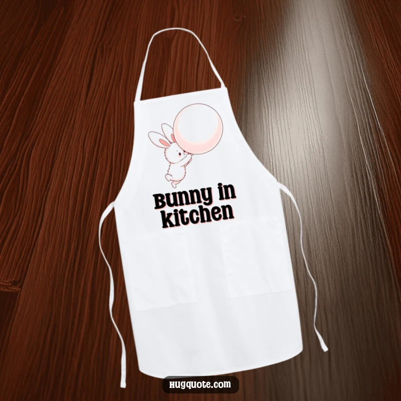 Funny cooking apron with a fluffy bunny character attempting to hug a giant balloon, perfect for a cute kitchen.
