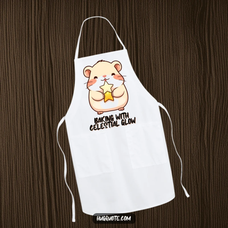 Funny cheerful hamster character hugging a shining star on an apron, perfect for cute and humorous kitchen activities.
