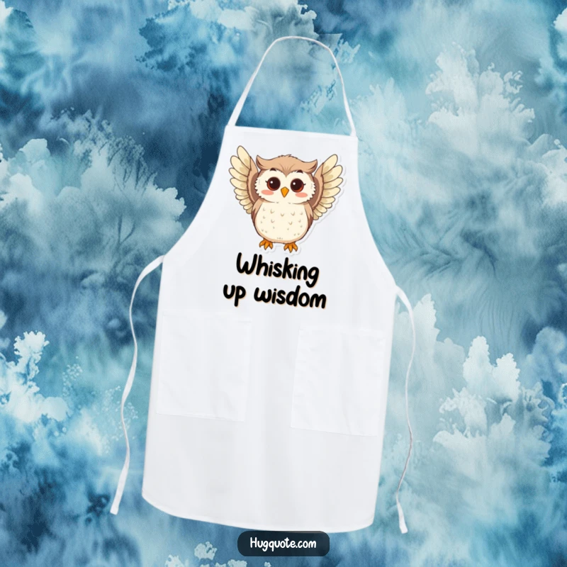 Funny apron featuring a curious owl character softly hooting and extending its playful wings, designed for wise kitchen moments.