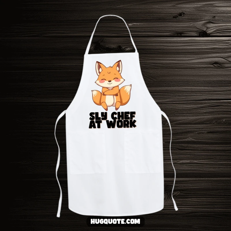 Funny apron showcasing an energetic fox character wrapping its arms around another, perfect for adding playful charm to kitchen tasks.