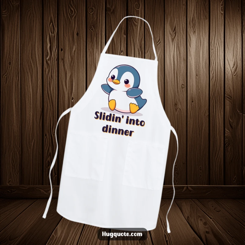 Funny Penguin character belly-sliding into culinary action, bringing cartoon hilarity and protection to an apron.