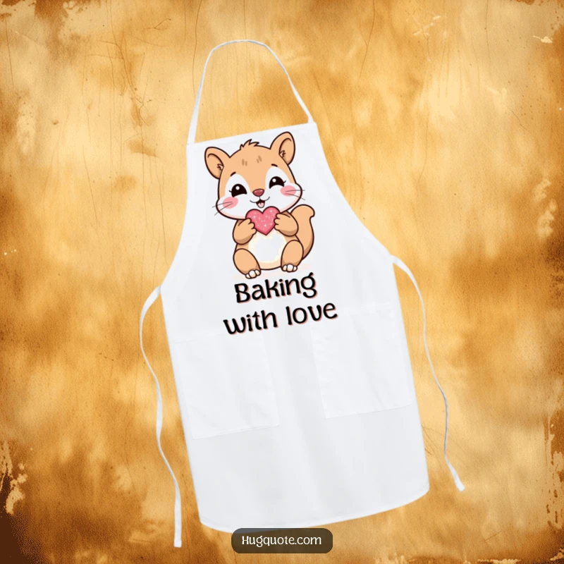 Funny cooking apron with a cheerful squirrel character presenting a small, sparkly heart, perfect for a cute kitchen.