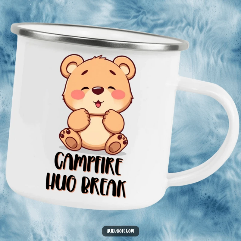 Funny camping mug featuring a brave bear cub character tentatively extending its paws, offering a warm hug for outdoor enjoyment.