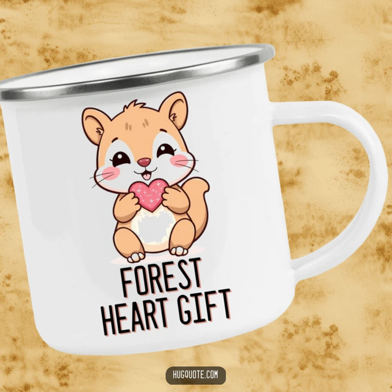Funny camping mug with a cheerful squirrel character presenting a small, sparkly heart, perfect for outdoor enjoyment.