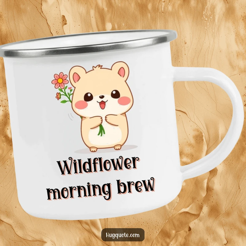 Funny camping mug featuring a small, round animal character joyfully offering a bouquet of tiny flowers, perfect for outdoor sipping.