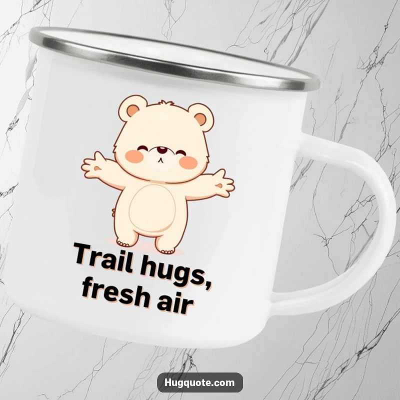 Funny camping mug with a fluffy bear character opening its arms wide for a big hug, perfect for enjoying drinks in nature.