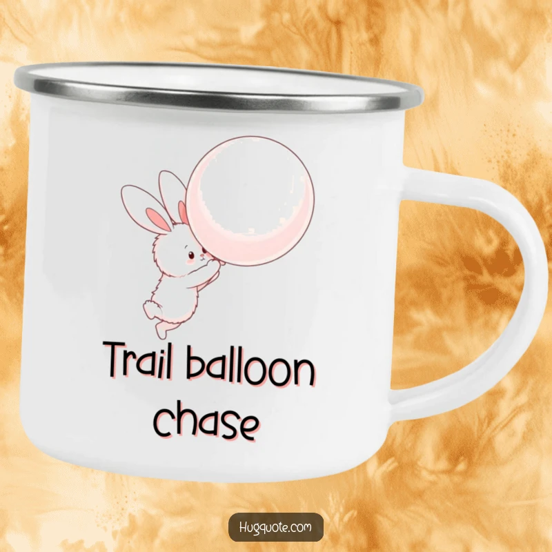 Funny camping mug with a fluffy bunny character attempting to hug a giant floating balloon, perfect for outdoor enjoyment.