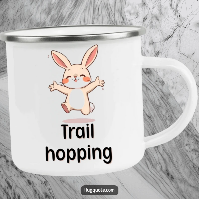 Funny camping mug featuring a small bunny character leaping with open arms, symbolizing adventure and cheerful greetings in the wild.