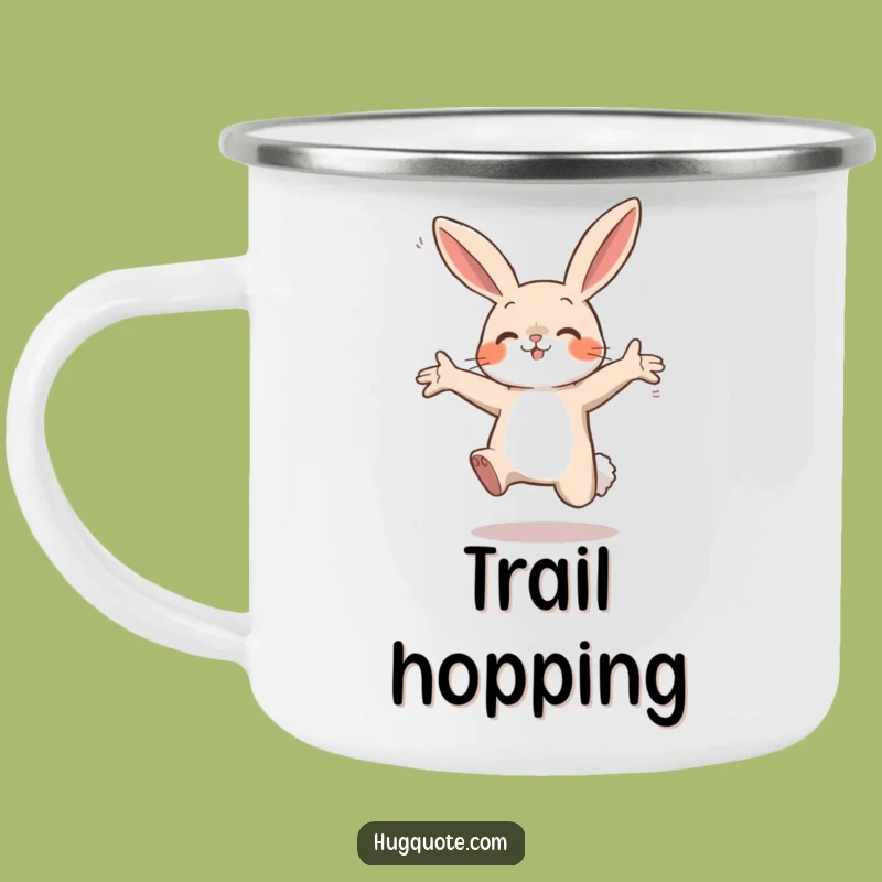 Funny Bunny Leap Camping Mug: Eager Rabbit Hugs Air - Adventure Cheer!