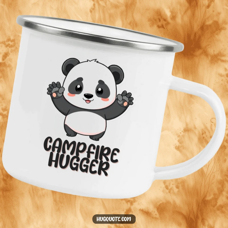 Funny determined panda character stretching arms for a big squeeze on an enamel camping mug, perfect for outdoor adventures.