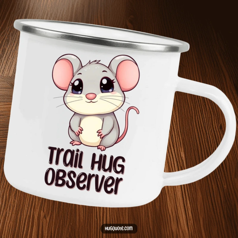 Funny mouse camping mug showcasing a kawaii mouse with big eyes peeking out, inviting a hug, perfect for enjoying drinks on the go with cute humor.