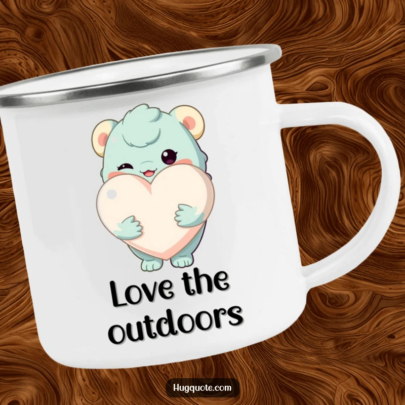 Funny camping mug featuring a creature holding a large, soft heart, perfect for outdoor enjoyment and sharing love.