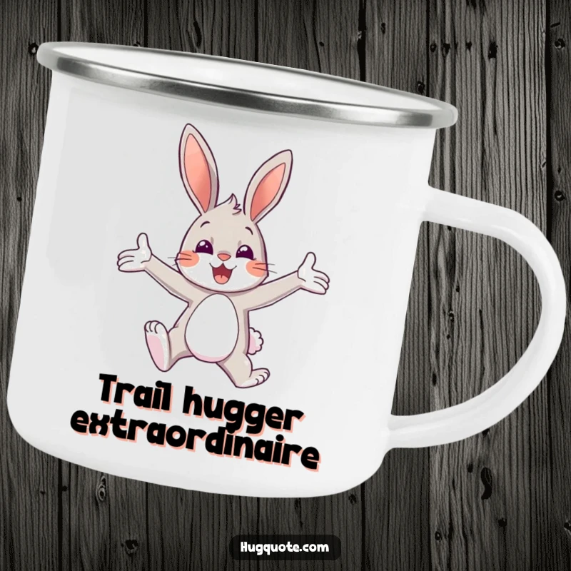 Funny camping mug with a bunny character leaping with open arms, offering a cheerful embrace on adventures.