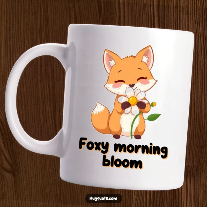 Funny mug featuring a small fox character sharing a wide, happy hug with a blooming flower, showing gentle joy.