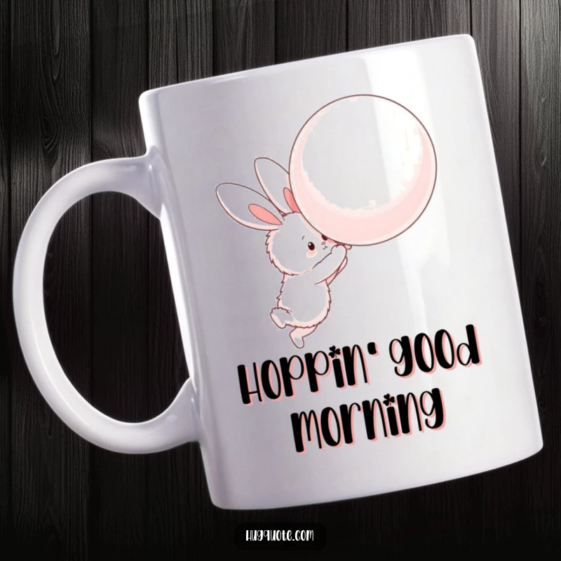 Funny mug with a fluffy bunny character reaching out to hug a large, floating balloon, conveying gentle longing.