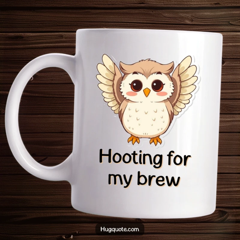 Funny mug featuring a curious owl character softly hooting and extending its playful wings outwards, expressing gentle curiosity and wisdom.