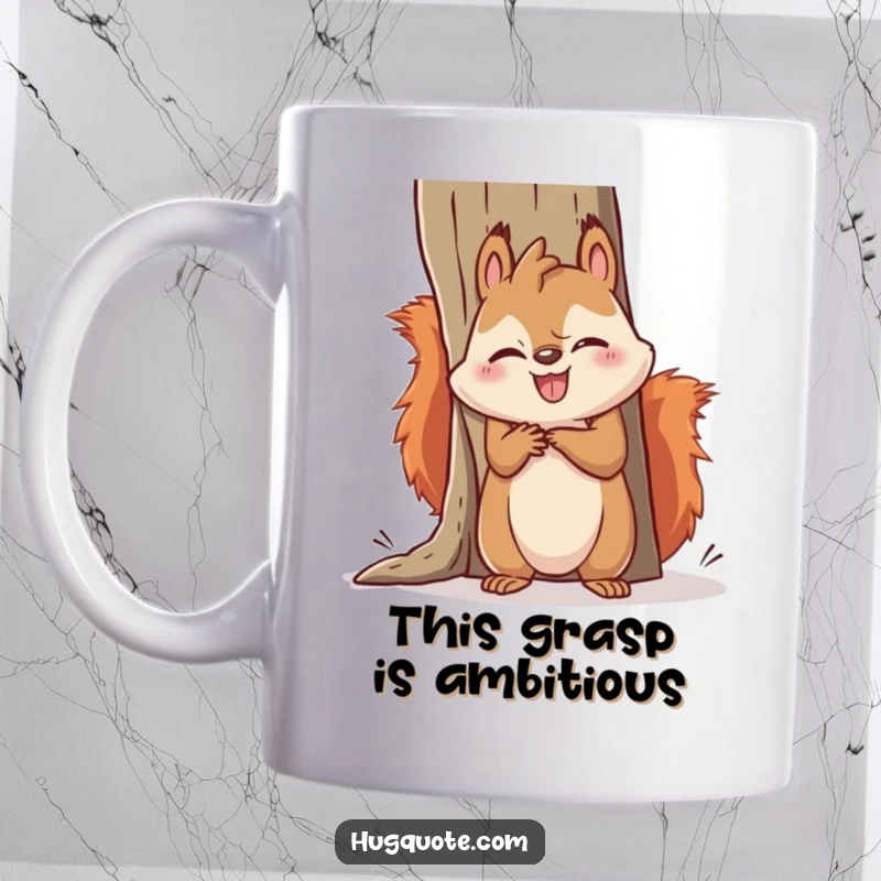 Funny squirrel mug depicting a kawaii squirrel comically failing to hug a giant object, showing effort and adorable struggle.