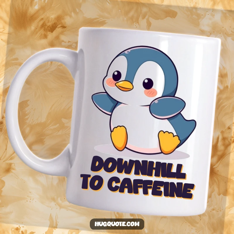 Funny Penguin character joyfully sliding on its belly, embodying pure, unadulterated cartoon fun, perfect for a mug.