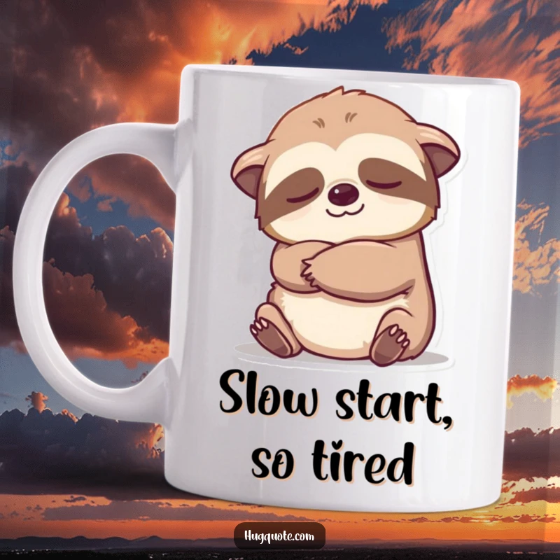 Funny sleepy sloth character extending an arm for a slow, gentle embrace, perfect for a mug.