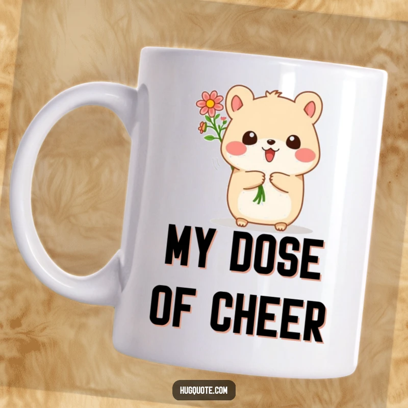 Funny mug with a small, round animal character joyfully offering a colorful bouquet of tiny flowers, spreading happiness.