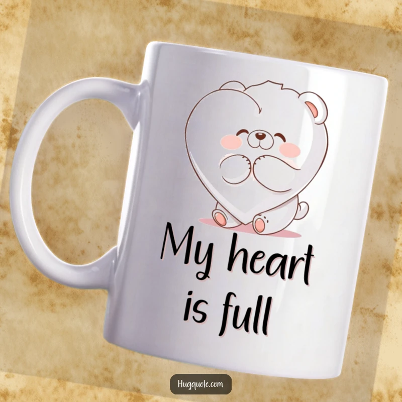 Funny mug featuring a fluffy bear character joyfully hugging a giant, sweet marshmallow heart, radiating happiness and warmth.