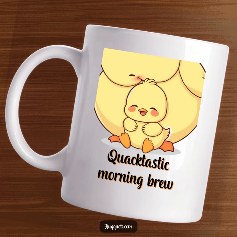 Funny duckling hug mug depicting a sweet embrace between a small duckling and a larger one, exuding warmth and affection.