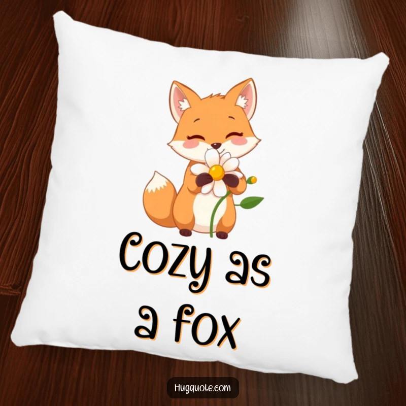 Funny pillow showing a small fox character giving a wide, happy hug to a flower, perfect for cozying up.