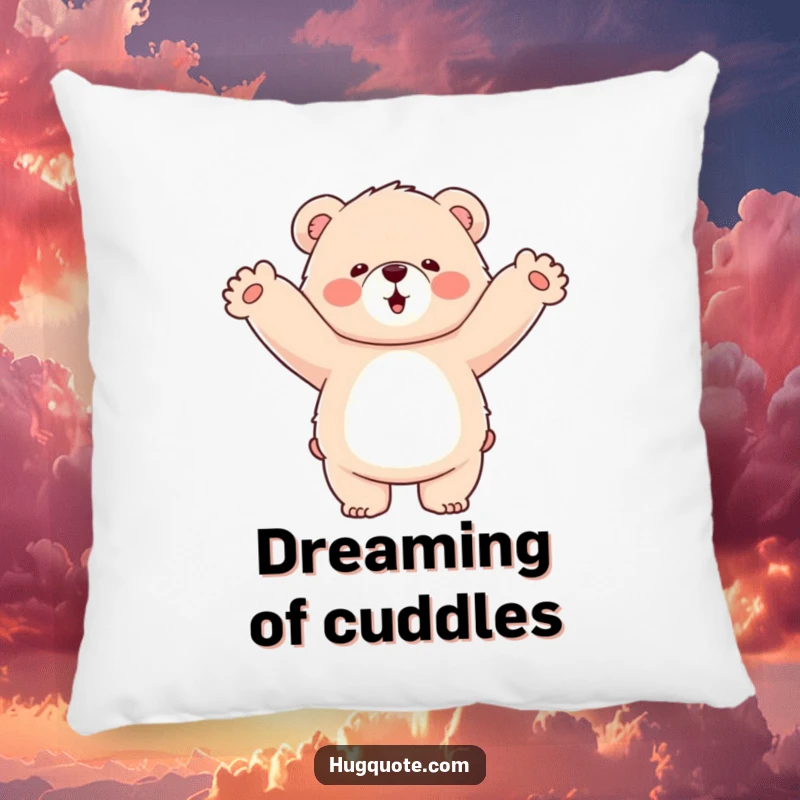 Funny pillow with a fluffy bear character enthusiastically hugging empty air, a soft and humorous decorative item.