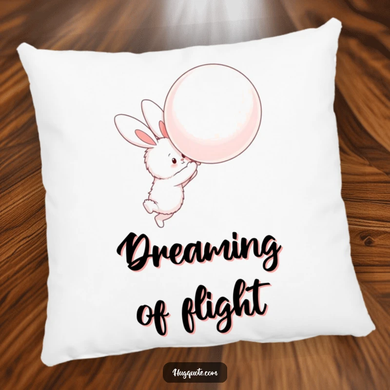 Funny decorative pillow with a fluffy bunny character attempting to hug a large, floating balloon, adding cute charm.