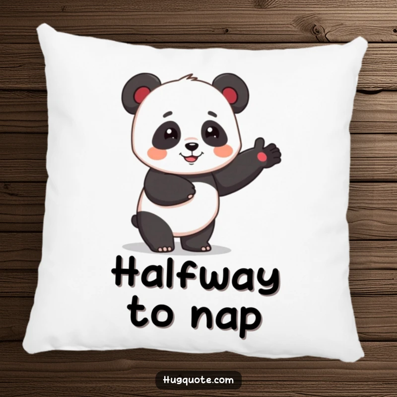Funny panda character offering a soft, one-armed hug on a plush pillow, ideal for cartoon comfort.