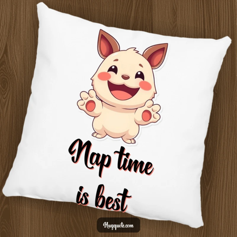 Funny pillow displaying a creature with a wide smile and open paws, offering soft comfort and a cheerful presence.