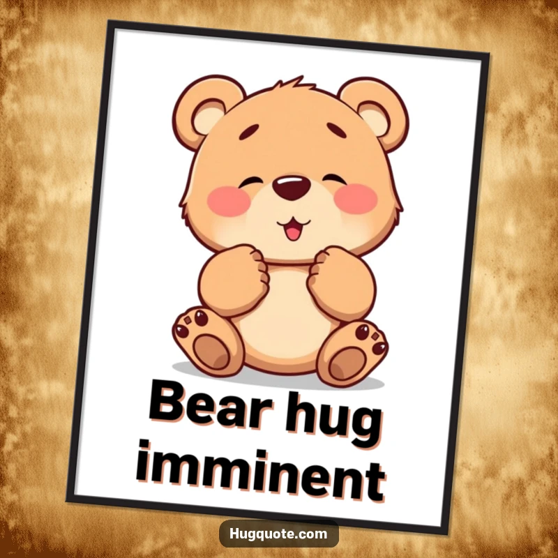 Funny digital art print of a brave bear cub character tentatively extending its paws, offering a comforting and heartwarming hug.
