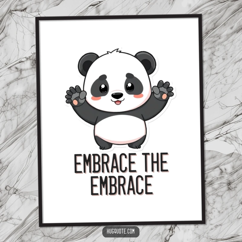 Funny determined panda character stretching arms wide for a big squeeze, a digital art print adding humor and warmth.