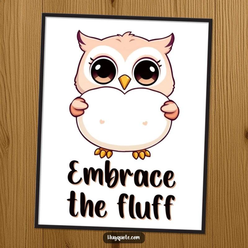 Funny digital art print of a happy owl character with wide eyes, presenting a big, fluffy heart-shaped pillow for instant decor.