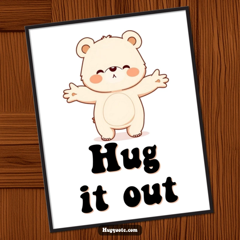 Funny digital art print of a fluffy bear character with open arms, inviting a massive, heartwarming hug, ready for instant download.