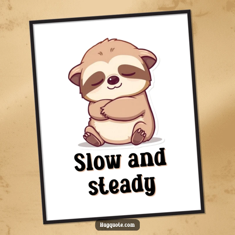 Funny sloth character extending a slow, gentle embrace, presented as a calming and downloadable cartoon art print.
