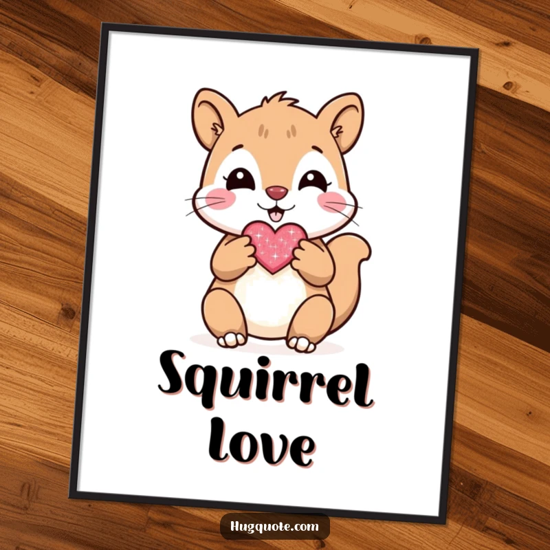 Funny digital art print of a cheerful squirrel character presenting a small, sparkly heart, full of affection.