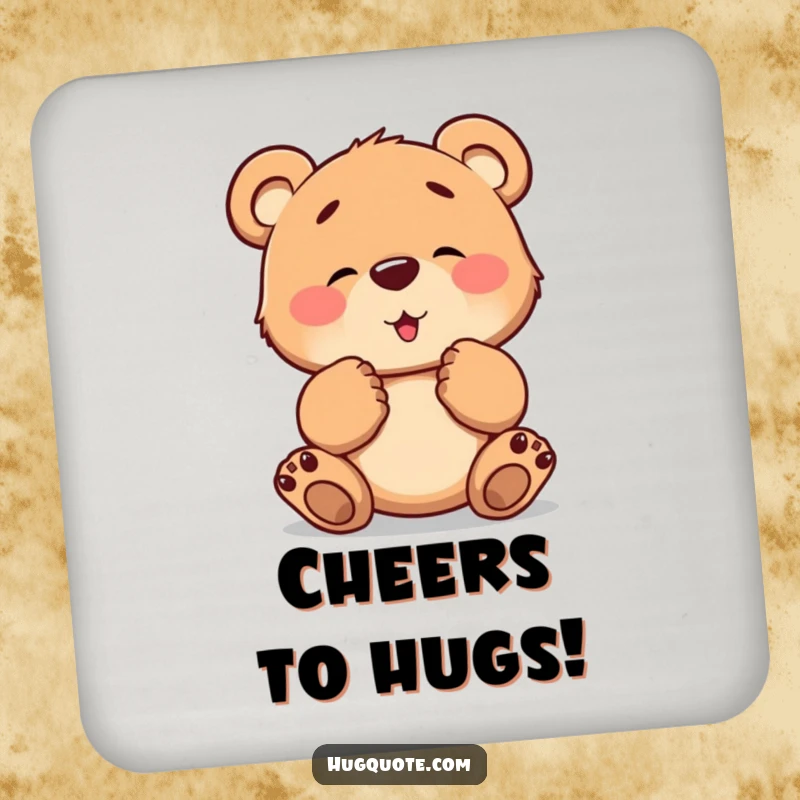 Funny drink coaster with a brave bear cub character tentatively extending its paws, offering a comforting and sweet hug.