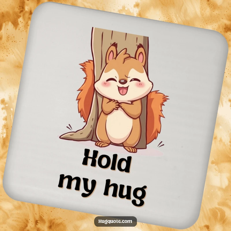 Funny squirrel coaster depicting a cute kawaii squirrel comically failing to hug a large object, adding a touch of humor to drink protection.