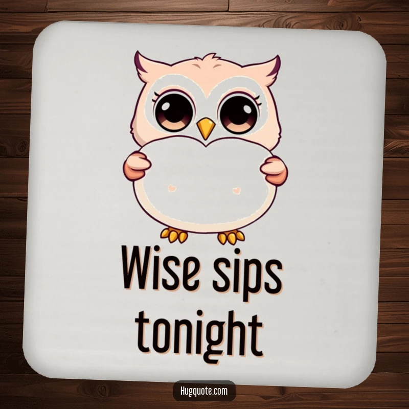 Funny drink coaster with a happy owl character with wide eyes, presenting a big, fluffy pillow, a cute table accessory.