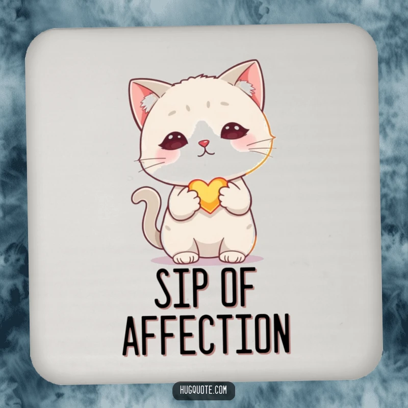 Funny drink coaster with a shy cat character offering a tiny, glowing heart, perfect for adding sweet charm and gentle humor.