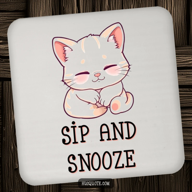 Funny drink coaster showing a sleepy kitten character smiling contentedly while being embraced, protecting surfaces with cozy charm.