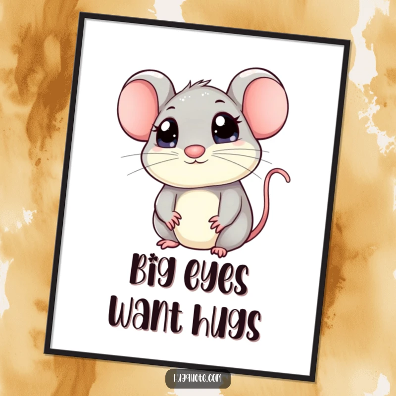 Funny mouse poster featuring a kawaii mouse with large eyes peeking out, inviting a comforting hug, ideal for adding charm and gentle humor.