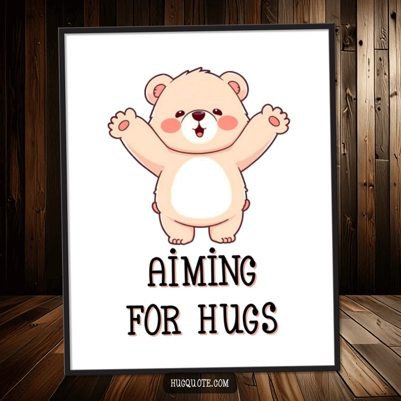 Funny poster print of a fluffy bear character enthusiastically wrapping its arms around empty air, conveying pure joy and humor.