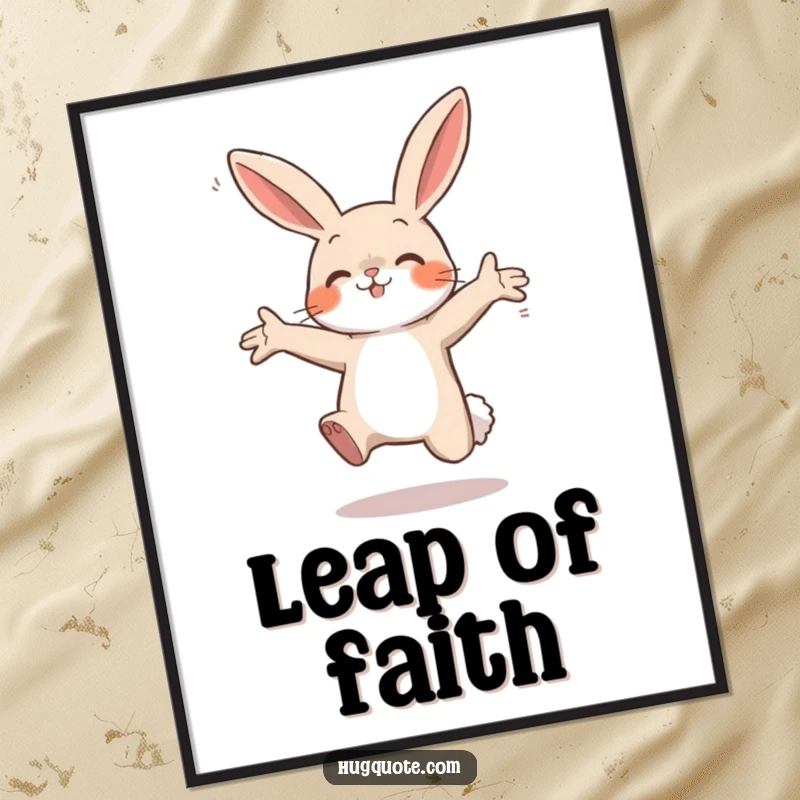 Funny poster art of a small bunny character in mid-leap with open arms, expressing pure excitement and a desire for a hug.