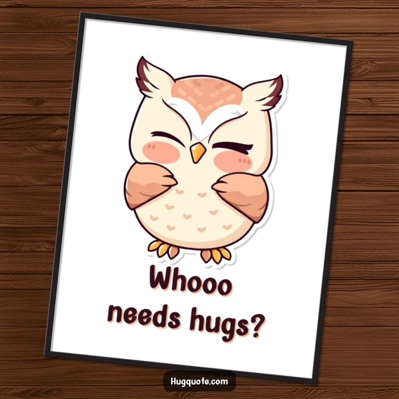 Funny owl poster featuring a kawaii owl giving a gentle hug with a playful wink, perfect for adding a touch of charming and heartwarming art.