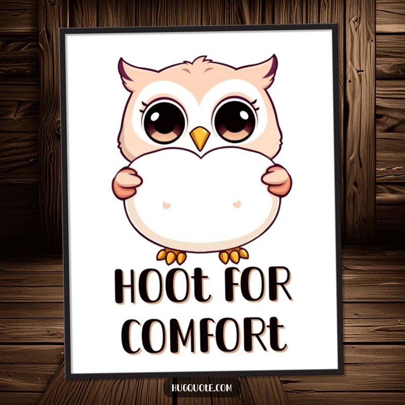 Funny poster featuring a happy owl character with wide eyes, presenting a big, fluffy pillow with a heart design.