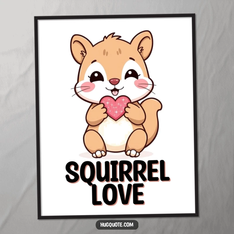 Funny poster featuring a cheerful squirrel character presenting a small, sparkly heart with both paws, radiating love.